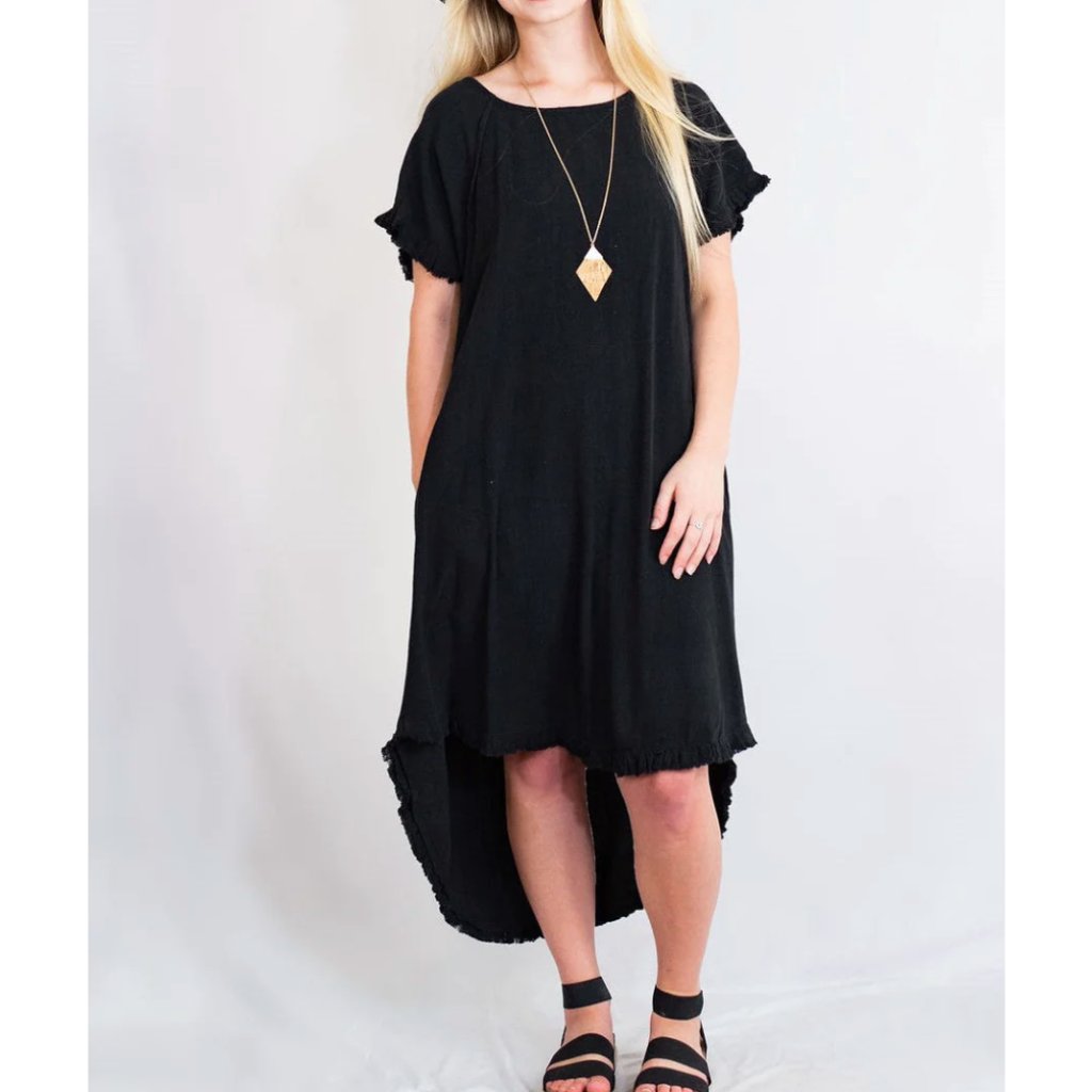 Umgee Black High-Low Fringe Hem Linen Blend Midi Dress Pockets Sz S